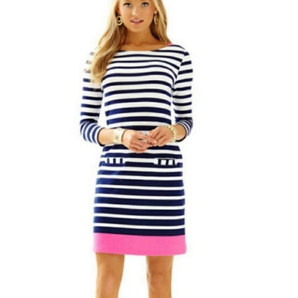 Lilly Pulitzer Dresses & Skirts - Lilly Pulitzer Navy White Stripe Pink Hem Terry Cloth Dress Pockets Size Small